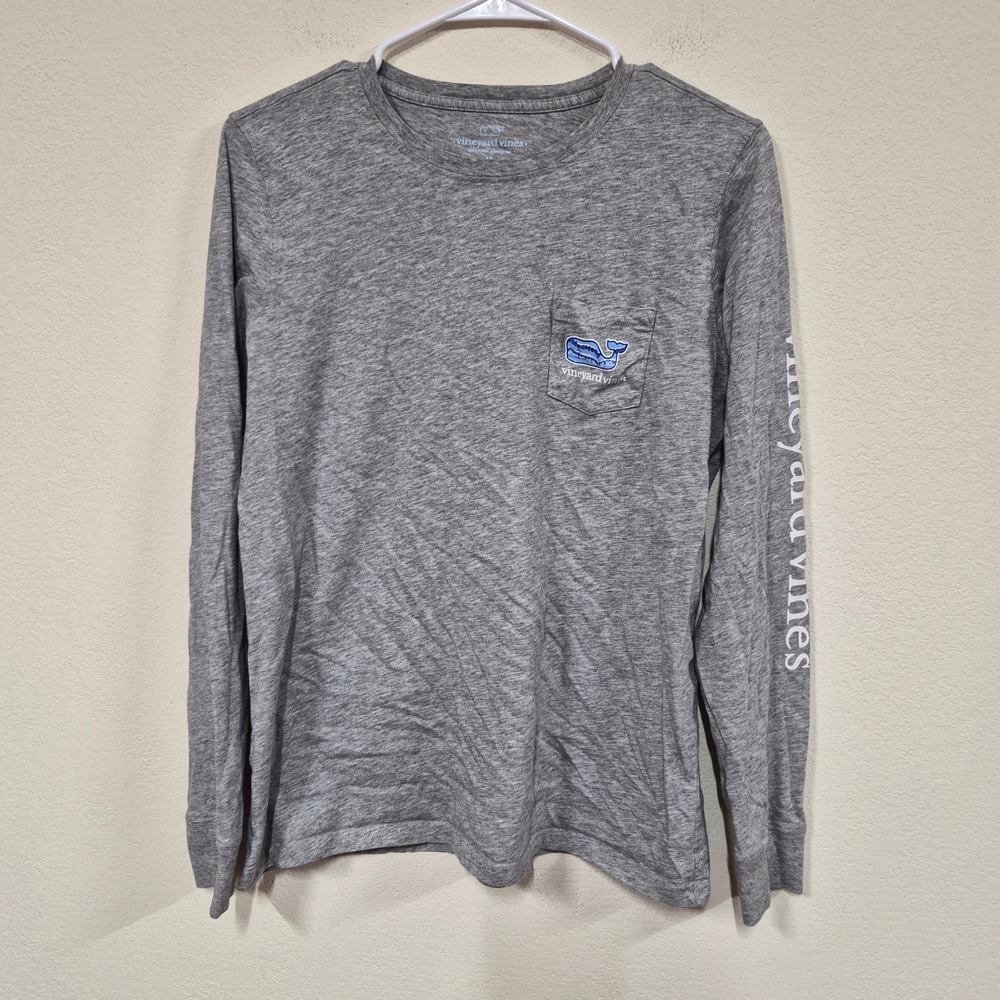 Vineyard Vines Whale Logo Long Sleeve Pocket T Shirt M Gray Blue Preppy Coastal